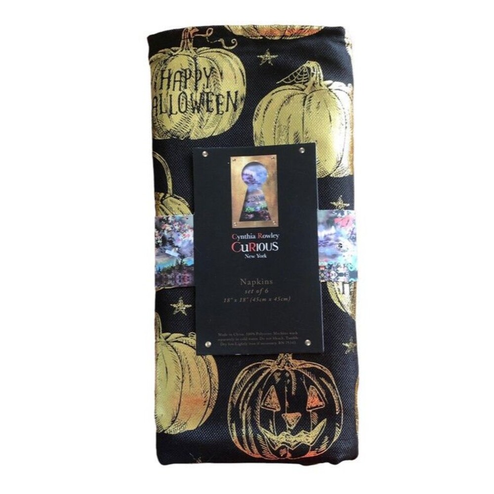 Cynthia Rowley Black Halloween Napkins Set of 6 Fabric Gold Metallic Pumpkins